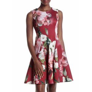 Calvin Klein Scuba A Line Dress 8 Plum Red Pink Floral Career Stretch $134